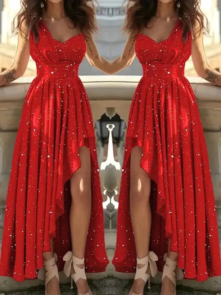Women's polyester A-line cocktail gown with deep V-neck, perfect for parties, by The Glow Sanctuary.