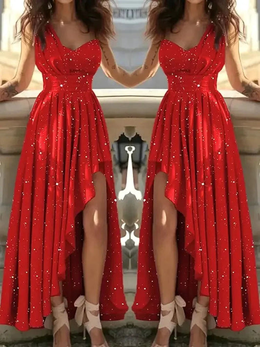 Women's polyester A-line cocktail gown with deep V-neck, perfect for parties, by The Glow Sanctuary.