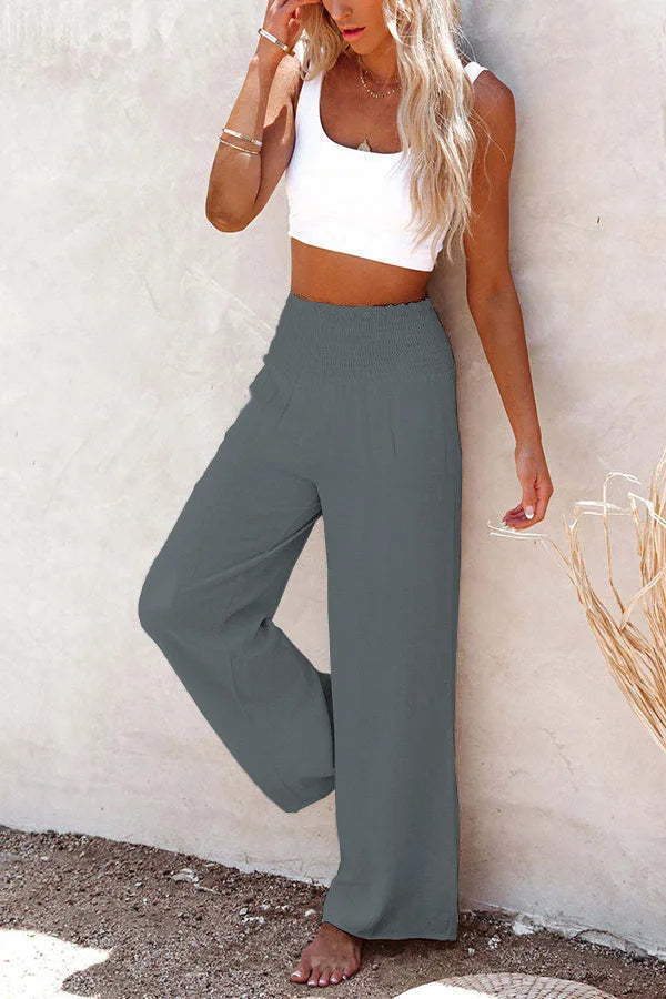 TrendLux Women's Linen Cotton Casual Trousers – Elastic Waist Wide Leg Pants