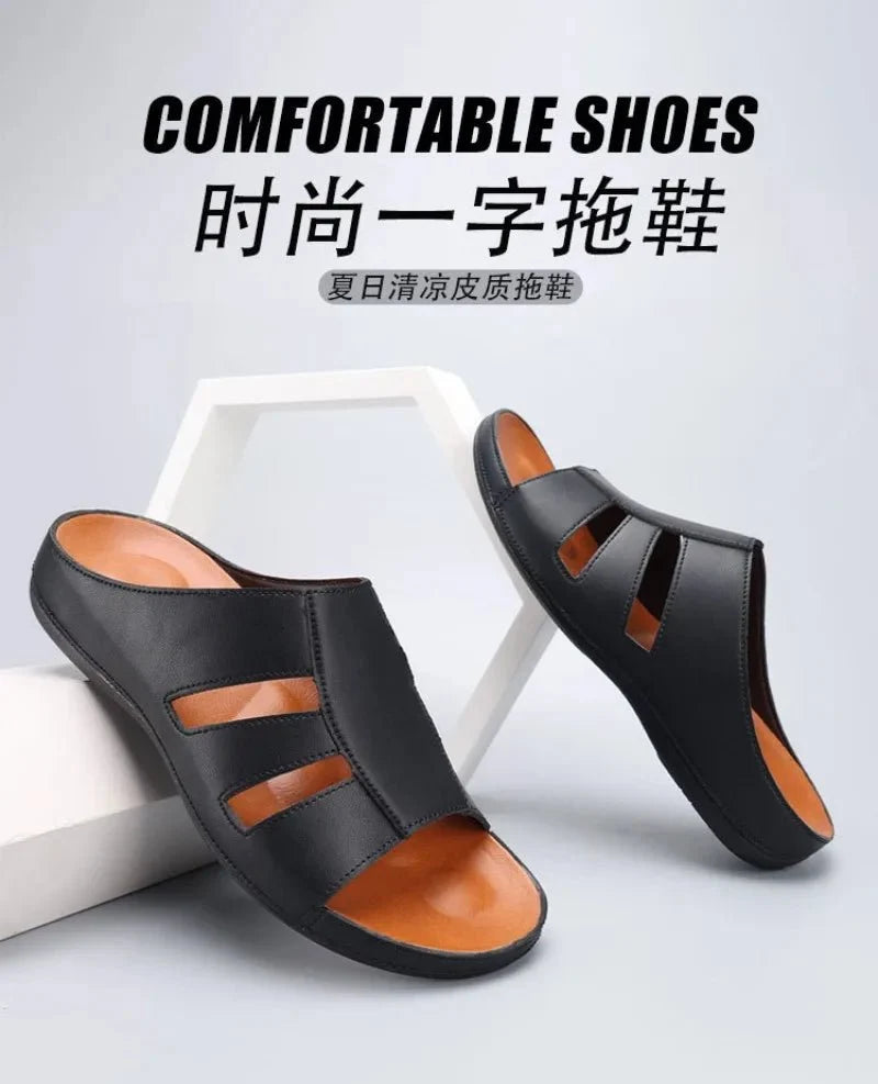 Men's luxury handmade leather peep-toe slippers by TrendLux Wear, casual beach slides in EU sizes 40 to 46, showing the stylish design.