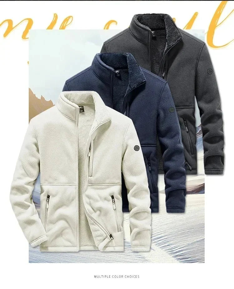 Men's fleece-lined winter jacket with hood, zip-up casual coat by TrendLux Wear, available in plus sizes S–6XL, shown in black