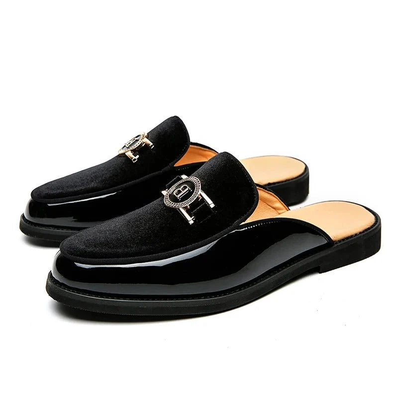 Men's black faux suede slip-on mules by TrendLux Wear, breathable summer loafers, casual slip-ons in EU sizes 35-47.
