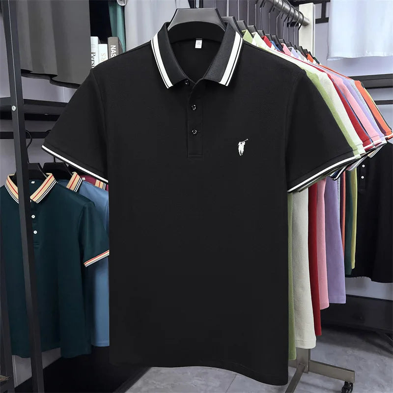 Black short sleeve polo shirt with white stripe detailing and subtle pony embroidery, displayed among various colors.