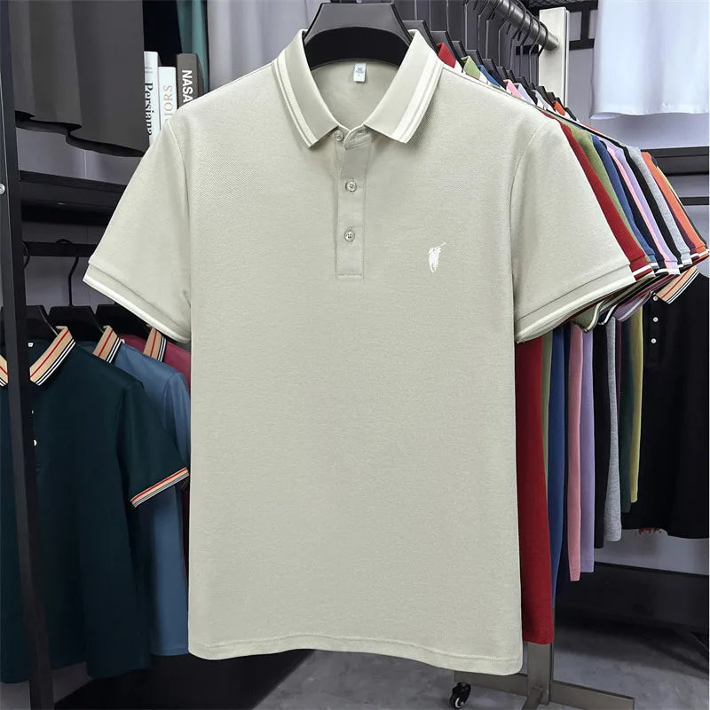 Light khaki polo shirt made from 100% cotton, featuring a classic collar and small pony embroidery.