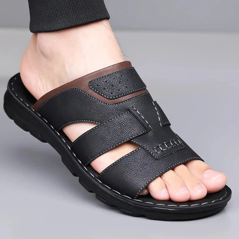 Men's handmade leather half-drag slippers from TrendLux Wear, lightweight outdoor slides in EU sizes 38 to 58.