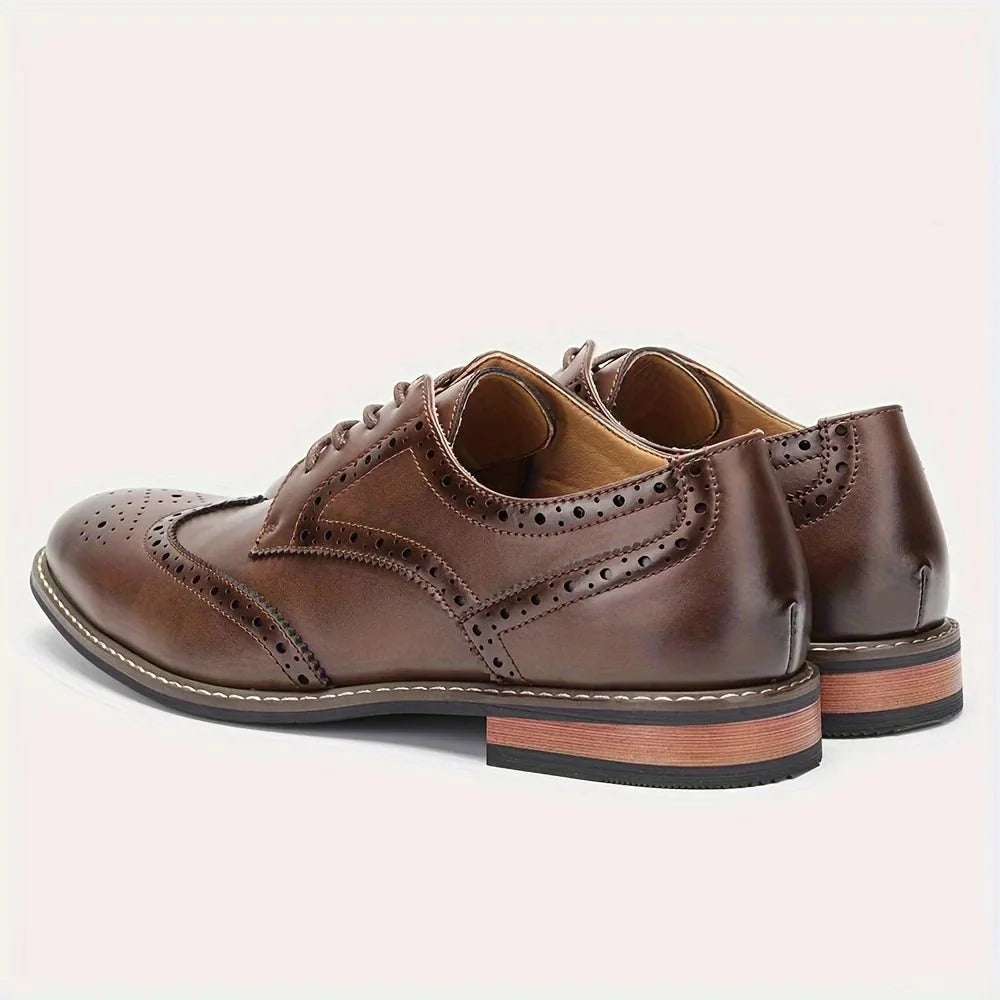Men's black and brown leather lace-up brogue dress shoes by TrendLux Wear, formal business oxfords with detailed brogue pattern.