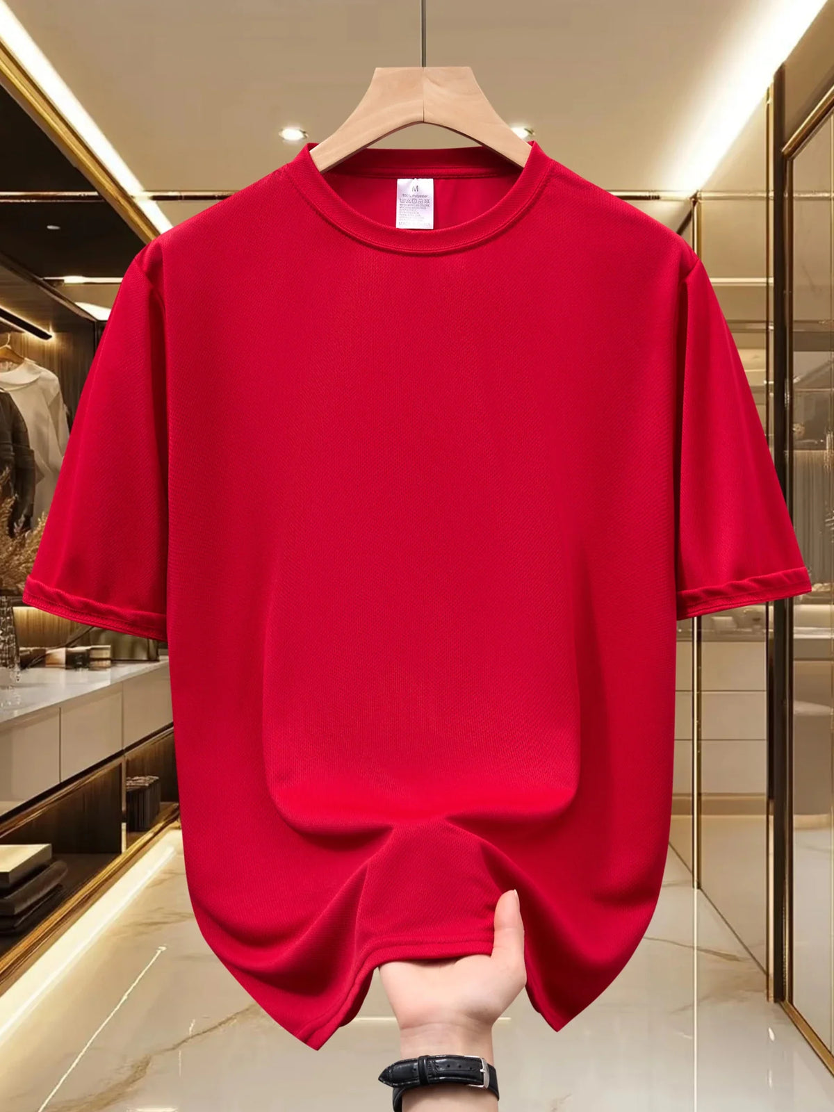 Men's TrendLux Wear crewneck T-shirt in black, red, khaki, or navy, made from soft breathable polyester, available in S to XXL.