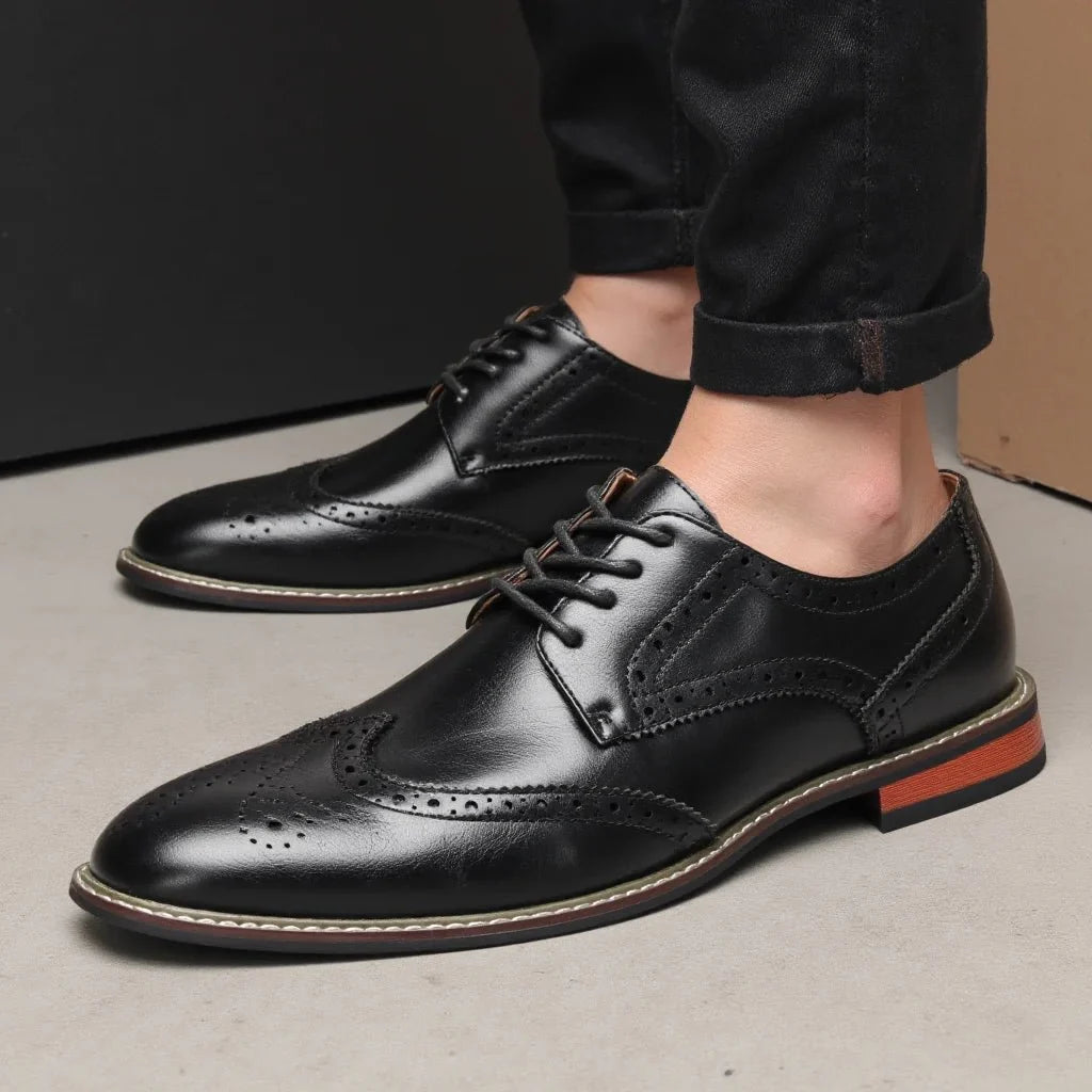 Men's lace-up brogue dress shoes by TrendLux Wear in black and brown leather, formal business Oxfords with detailed perforations.