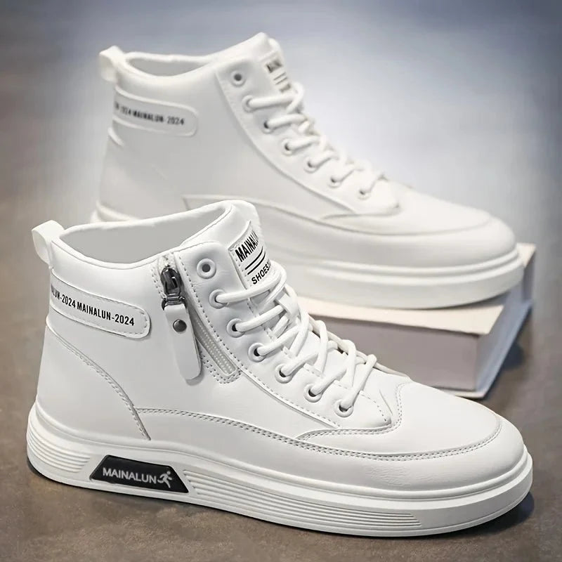 Men's high-top sneakers by TrendLux Wear, white and black with breathable lace-up design and side zip closure.