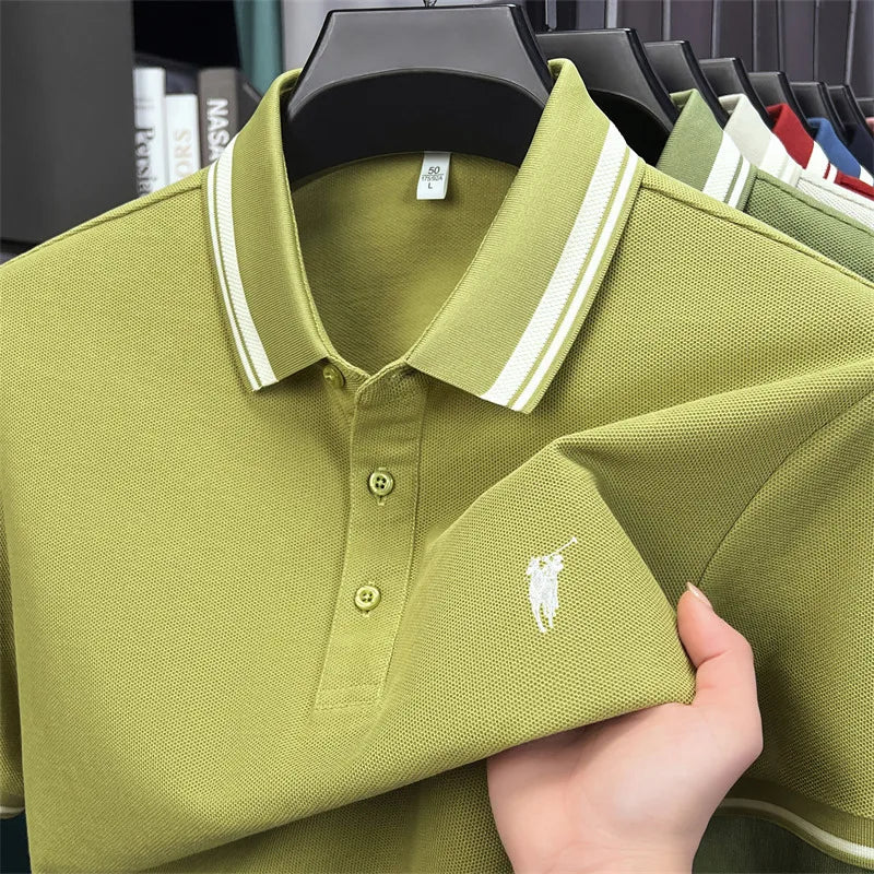 Short sleeve polo shirt in olive green, featuring white striped collar and embroidered pony logo, made from breathable cotton.