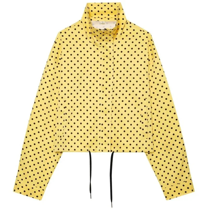 TrenLux Wear women's polka dot bomber jacket with oversized fit, long sleeves, zip-up front, perfect for demi-season outerwear.