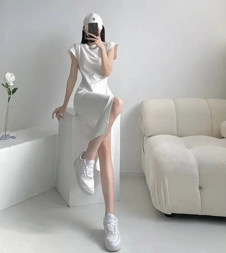 TrenLux Wear Women's Cotton Y2K Asymmetrical Hem Casual Midi Dress The Glow Sanctuary