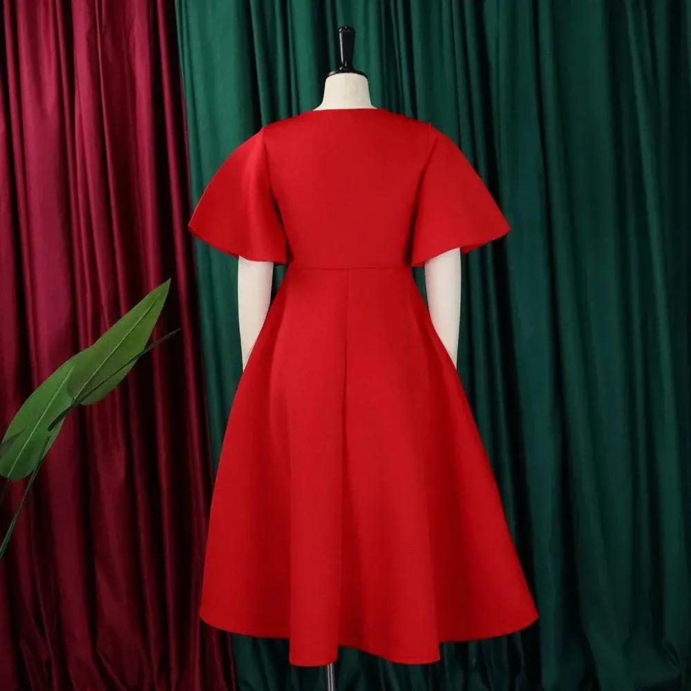TrenLux Wear Women's Polyester High Waist Flare Sleeve Pleated A-Line Midi Dress The Glow Sanctuary