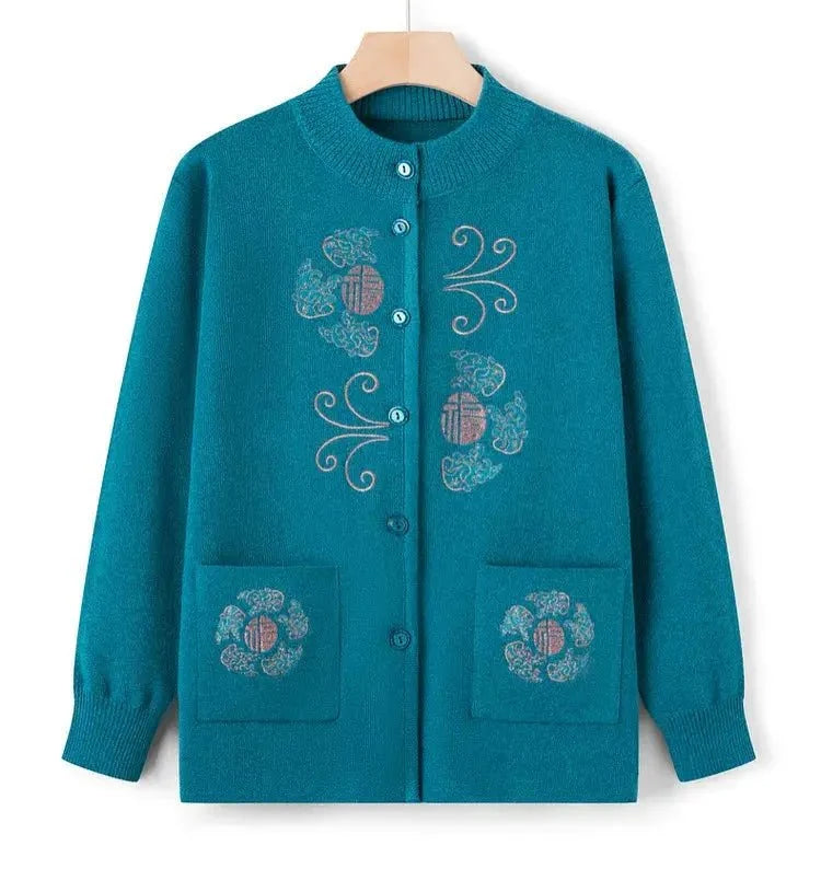 Women's vintage printed knit cardigan coat from TrendLux Wear, featuring a cozy knitwear design with colorful vintage print.