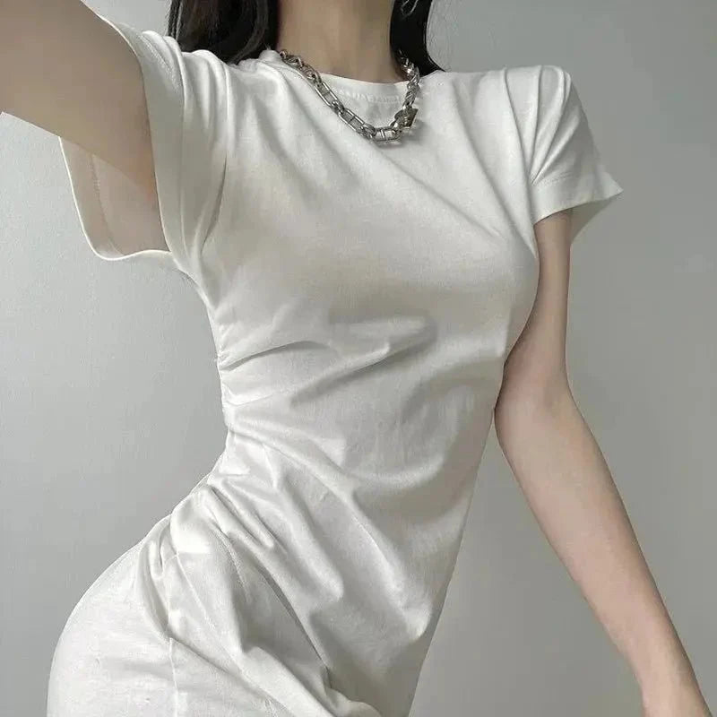 Y2K asymmetrical hem midi dress by The Glow Sanctuary, featuring effortless street style and modern design.