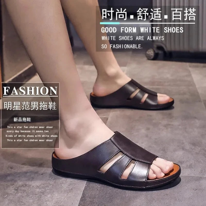 Men's luxury handmade leather peep-toe slippers by TrendLux Wear, casual beach slides in EU sizes 40 to 46, shown in black.