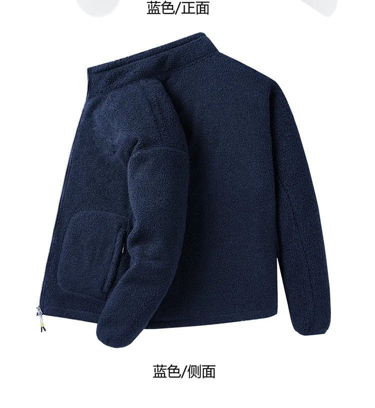 Men's loose fleece streetwear jacket with stand collar in plus sizes, by TrendLux Wear, shown in black on a model.