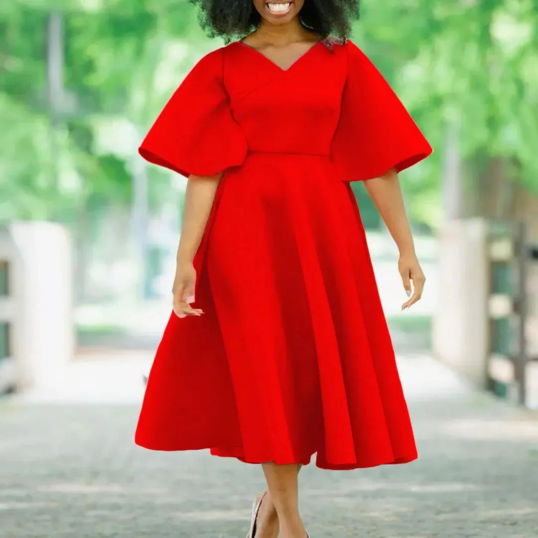 TrenLux Wear Women's Polyester High Waist Flare Sleeve Pleated A-Line Midi Dress The Glow Sanctuary