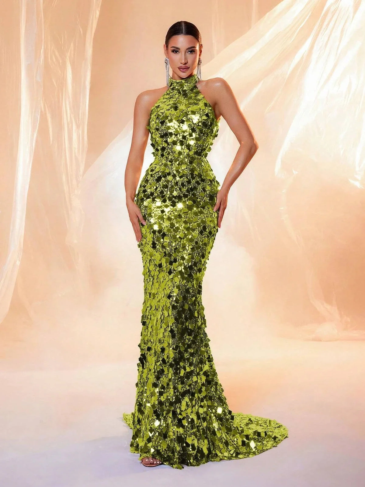 Brown Sequin Halter Backless Maxi Evening Dress - TrendLux Wear