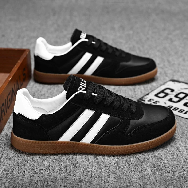 Men's Thick-Sole Board Sneakers by TrendLux Wear featuring striped casual design and durable construction.