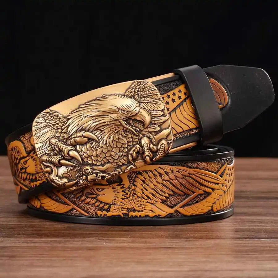 Men's genuine leather ratchet belt with automatic buckle, 35mm wide, from TrendLux Wear, displayed in a gift box.