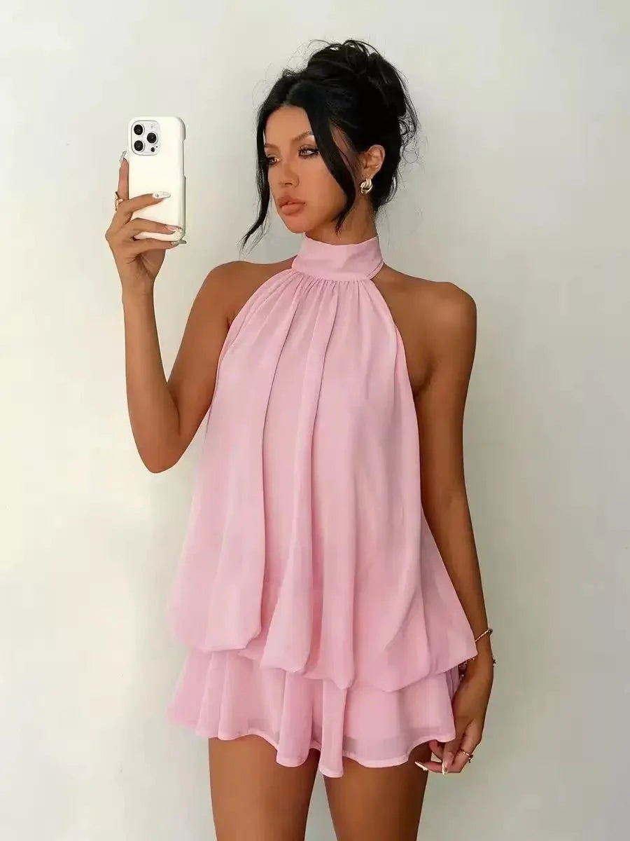 Women's polyester backless slim-fit A-line beach dress by The Glow Sanctuary, featuring a stylish backless design and flattering silhouette.