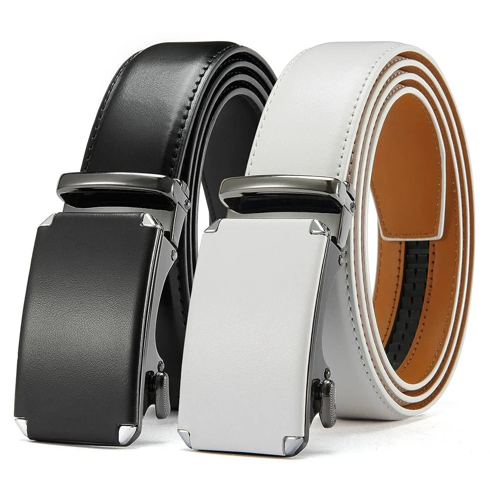 Men's leather ratchet belt with automatic buckle and adjustable waist from TrendLux Wear, showing the sleek black leather strap.