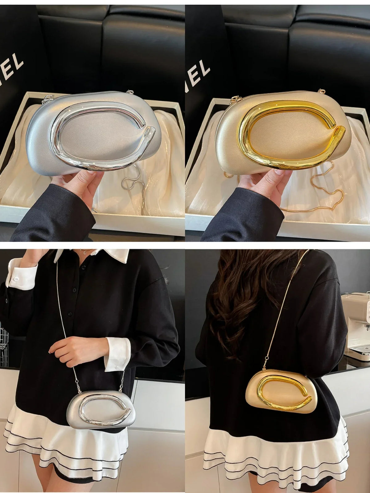 Ladies' elegant handbag with a solid shell shape, available in silver and gold, worn crossbody with a stylish outfit.