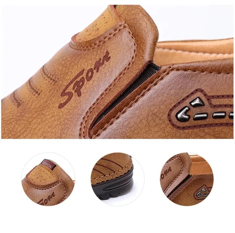 Men's handmade PU leather moccasin sneakers by TrendLux Wear, featuring soft soles and breathable casual loafer style.