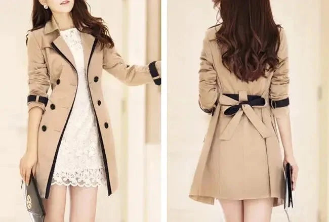 Women's double-breasted long trench coat by TrendLux Wear, tailored outerwear with classic lapels and belt in neutral color