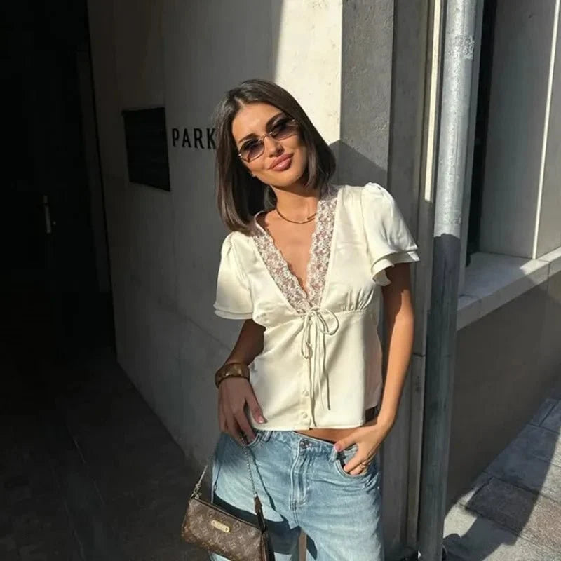 Women’s satin lace V-neck short sleeve top by TrenLux Wear, slim fit streetwear tee with feminine lace details for summer style.