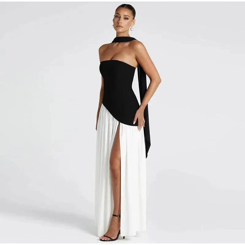 Women's Strapless Backless Maxi Dress with Ribbon Scarf - TrendLux Wear
