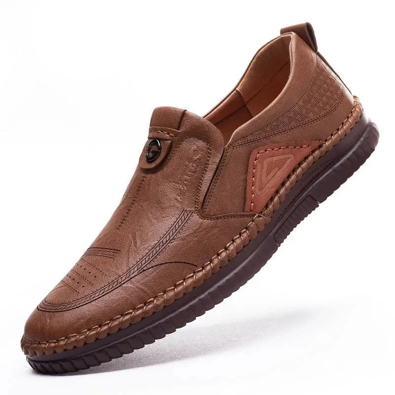 Men's genuine leather slip-on loafers by TrendLux Wear featuring breathable soft sole moccasin-style casual shoes.