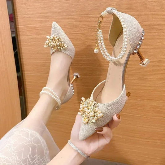 Women's pointed toe metal beaded high heel pumps by TrendLux Wear, perfect for weddings and banquets.