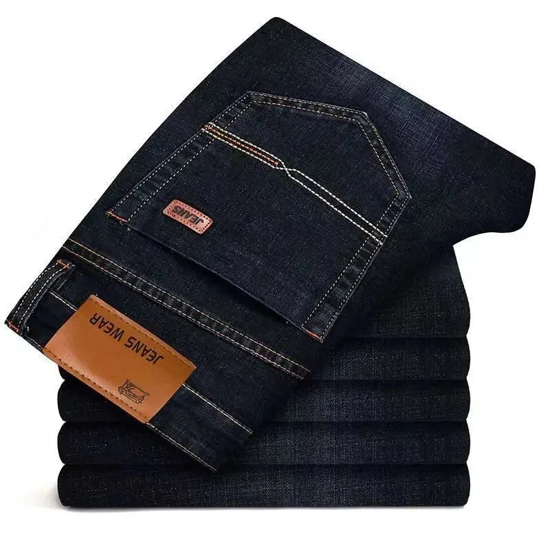 Men's elastic straight leg jeans by TrendLux Wear in classic blue and black, casual work denim, available in sizes 28 to 40.