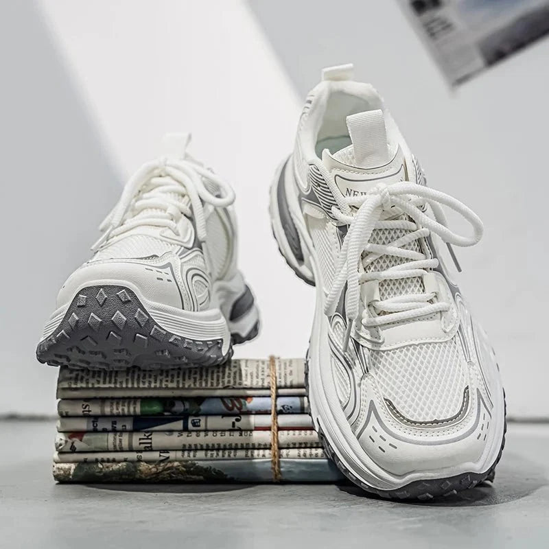Men's chunky dad sneakers by TrendLux Wear with mesh and leather upper in beige, gray, and silver colors.