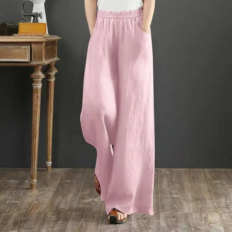 TrendLux Women's Linen Cotton Casual Trousers – Elastic Waist Wide Leg Pants