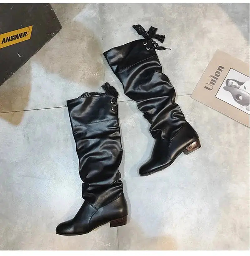 TrenLux Wear Women's Pleated Lace-Up Knee-High Boots — Low Heel, Black, White & Red, Sizes 35–43 TrenLux Wear