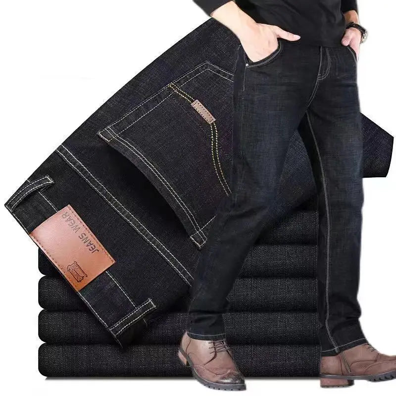 Men's elastic straight leg jeans by TrendLux Wear in classic blue and black denim, casual workwear style, sizes 28–40.