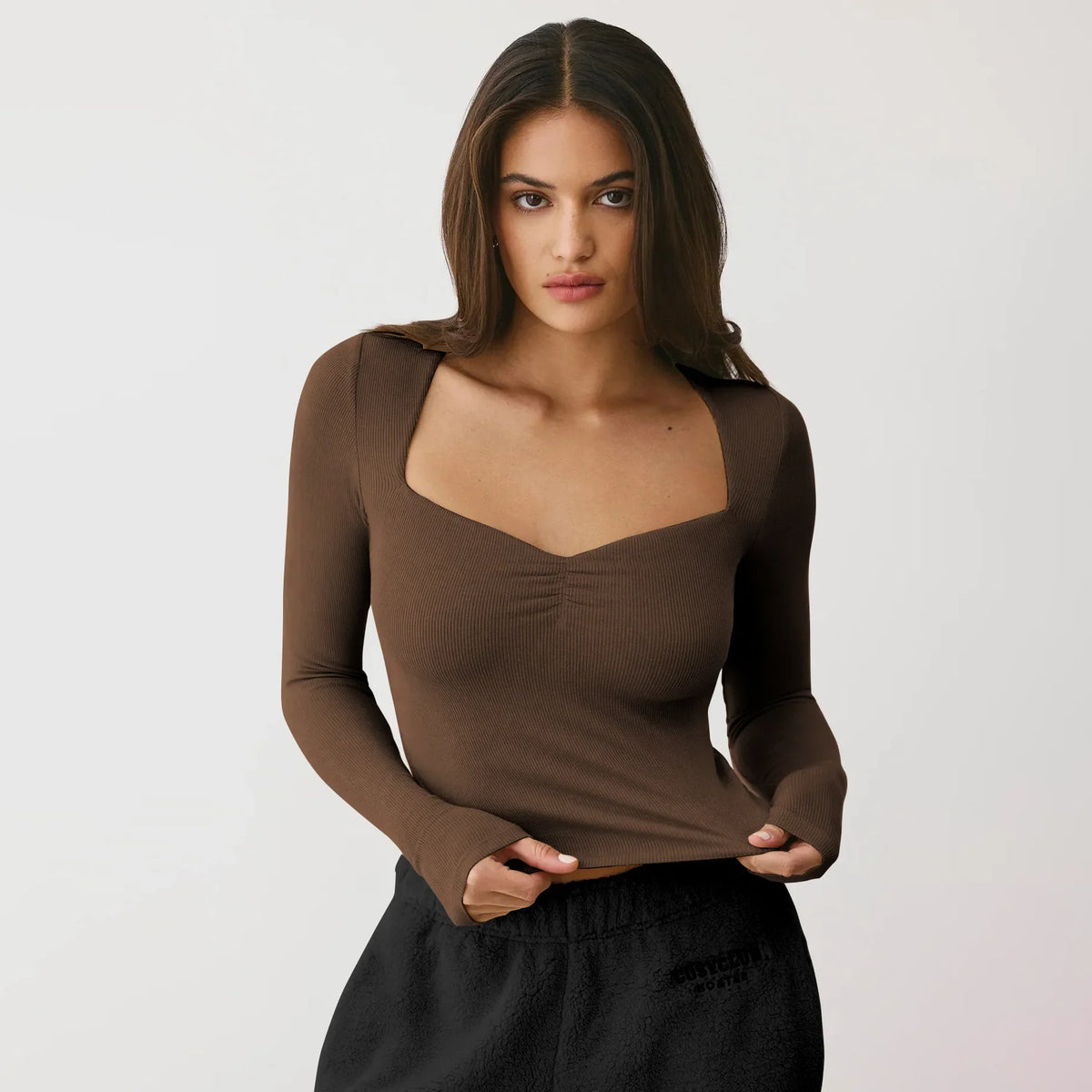 Women's Y2K square neck long-sleeve top by TrendLux Wear, slim fit viscose blend t-shirt, perfect for fall and winter.