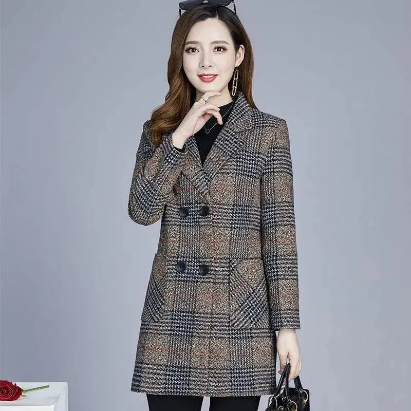 TrenLux Wear Women's Plaid Woolen Overcoat — Elegant Double-Breasted Autumn Winter Coat TrenLux Wear