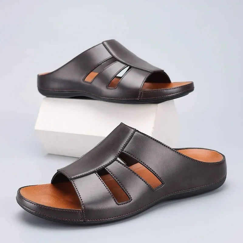 Men's luxury handmade leather peep-toe slippers by TrendLux Wear, casual beach slides in EU sizes 40–46, featuring soft leather and stylish design.