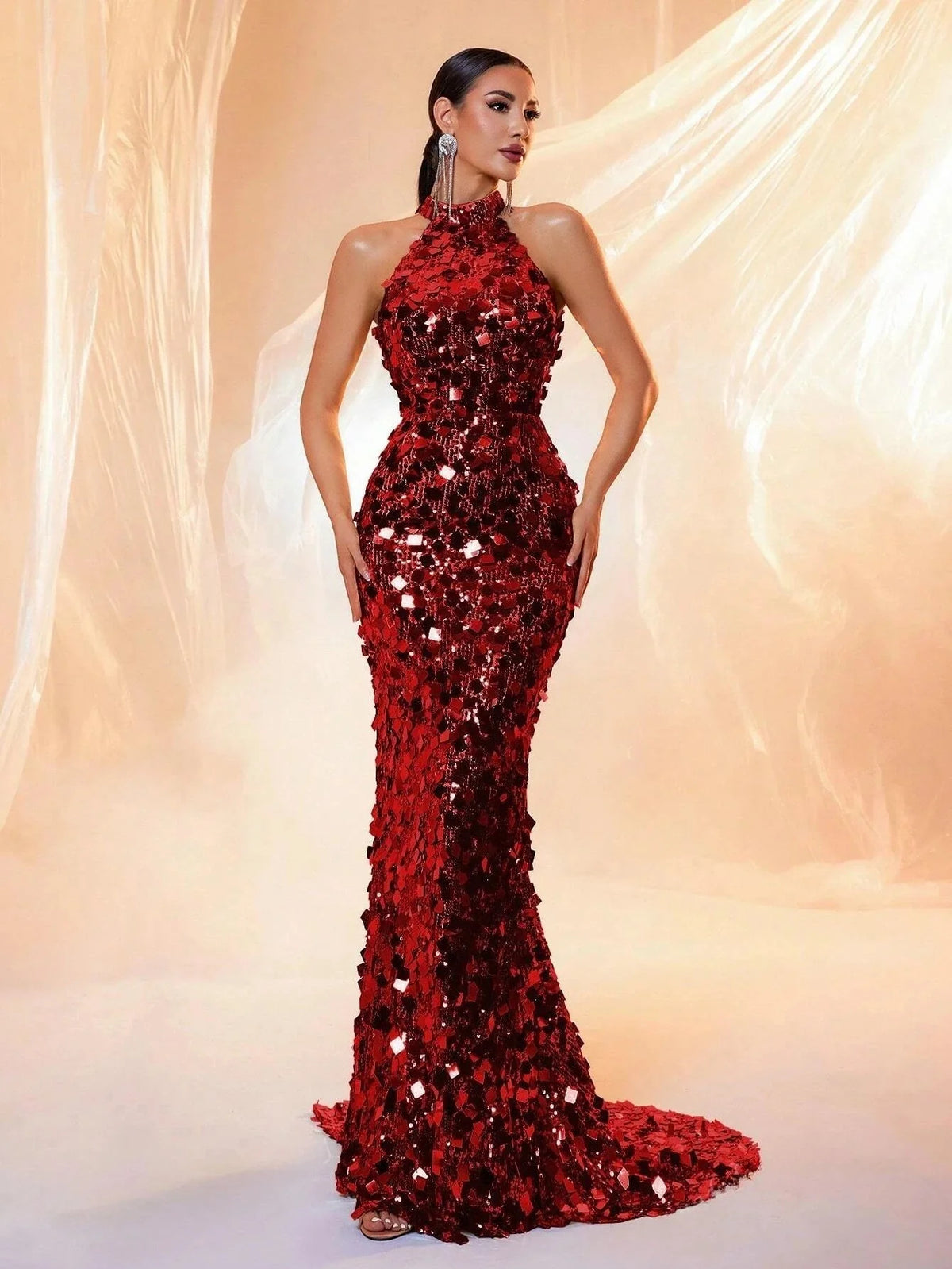 Brown Sequin Halter Backless Maxi Evening Dress - TrendLux Wear