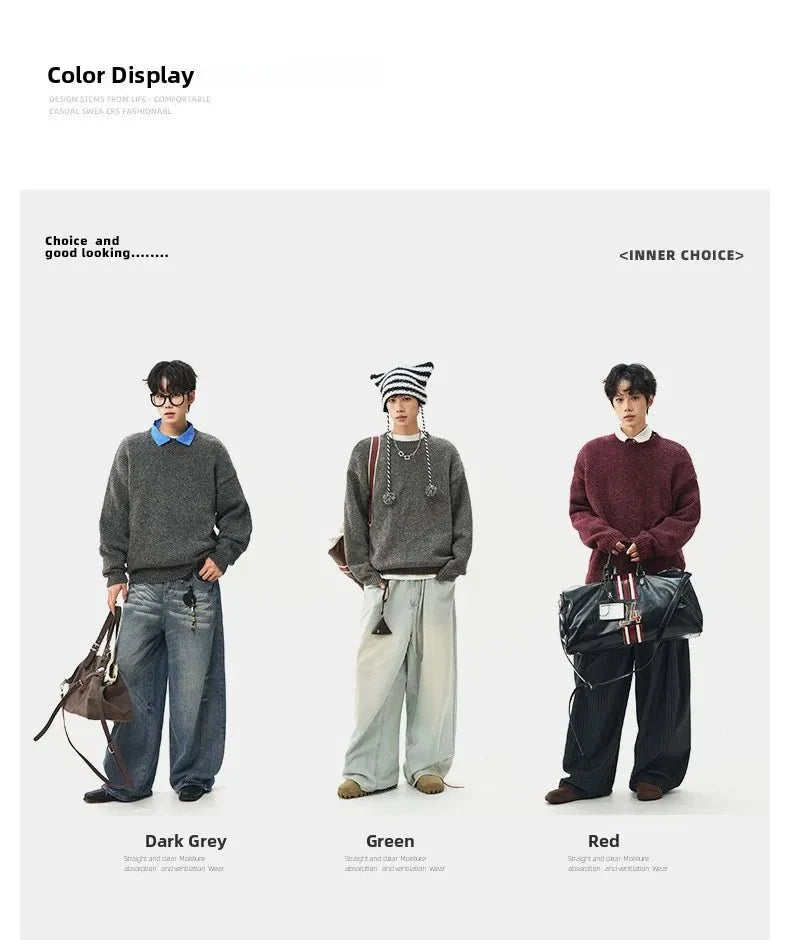 Men's oversized round neck pullover sweater by TrendLux Wear in warm polyester knit, shown in three color options.