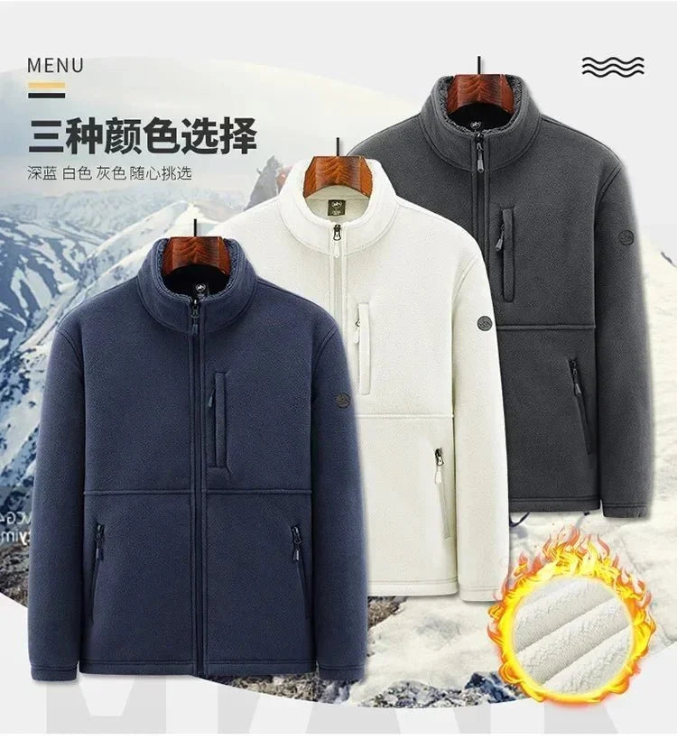 Men's fleece-lined hooded winter jacket by TrendLux Wear, zip-up casual coat in plus sizes S-6XL, front view with hood and pockets.