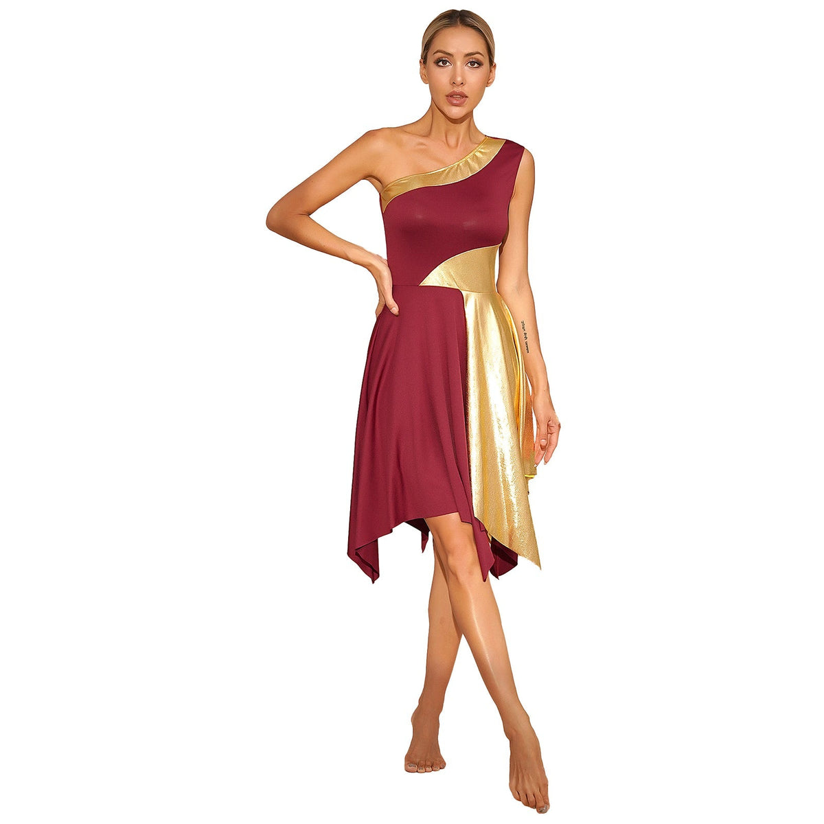 One-shoulder metallic performance dance dress by The Glow Sanctuary, stage and worship dancewear with a sleek, shiny finish.