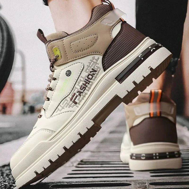 Men's high-top street sneakers by TrendLux Wear featuring non-slip vulcanized rubber soles and ankle support.