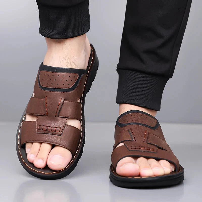 Men's handmade leather half-drag slippers by TrendLux Wear, lightweight outdoor slides in EU sizes 38–58, with soft leather straps.