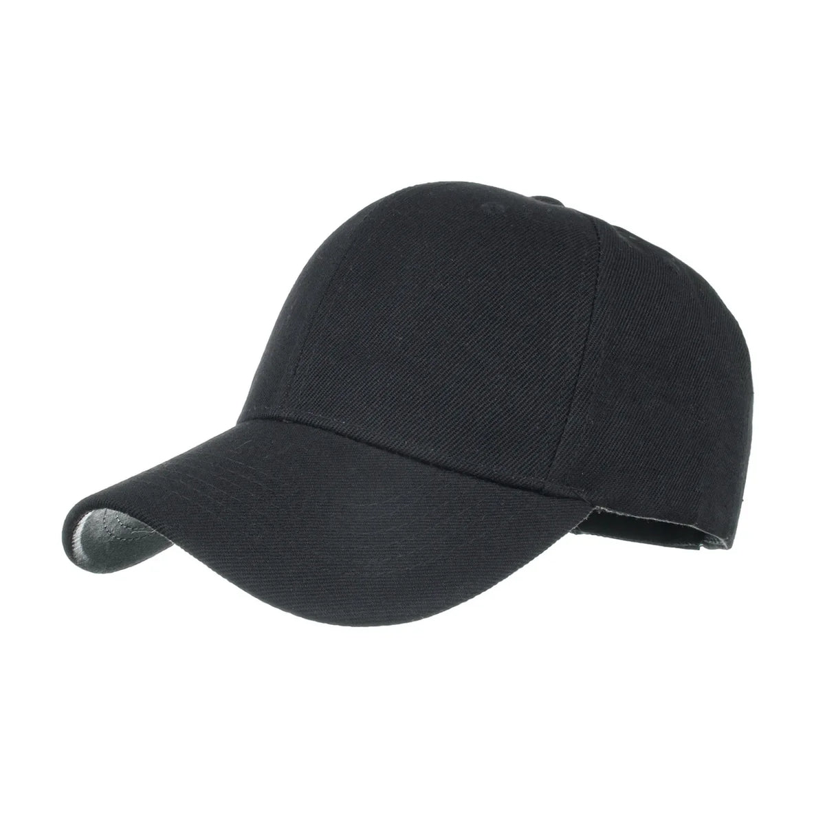 Unisex solid color baseball cap by TrendLux Wear, 5-panel structured hat in various colors, close-up view of front and brim.