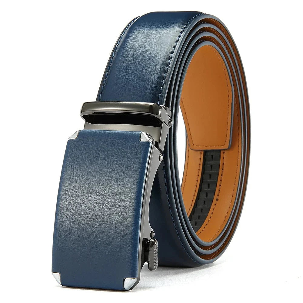 Men's ratchet leather belt with automatic buckle and adjustable waistband from TrendLux Wear, 105–135cm length.